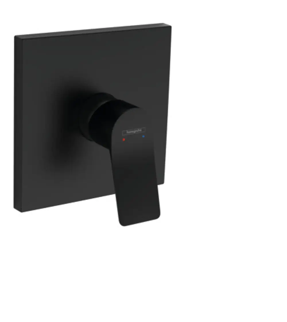 Hansgrohe Einhebel-Brausemischer in mattschwarz, unterputz montiert, mit quadratischer Wandplatte und एकhebelform. Farbcodierung für Wassersteuerung sichtbar.